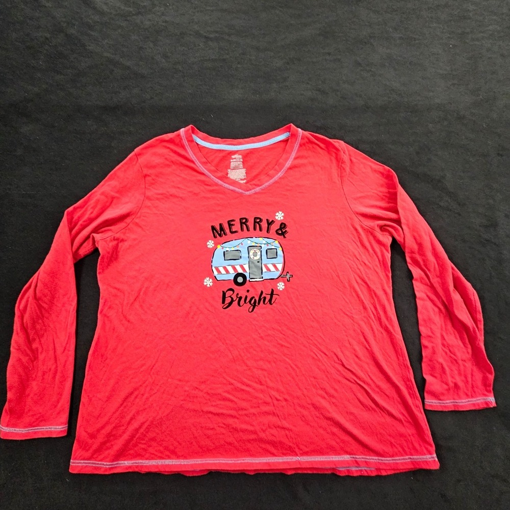 Merry & Bright Christmas Secret Treasures Red Long Sleeve Sleep Shirt Women's XL